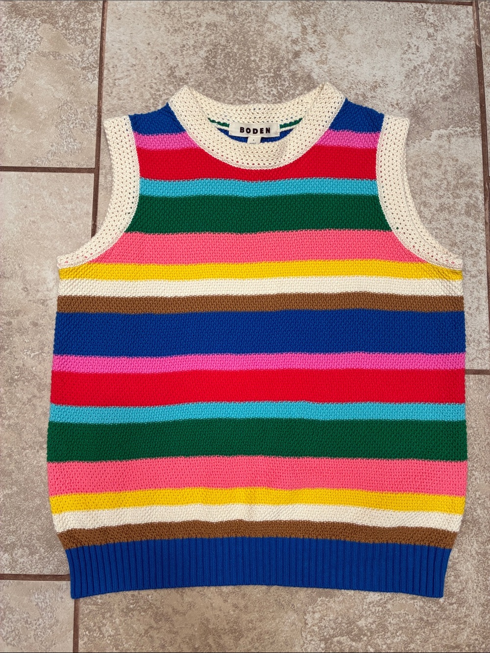 Boden Multicolor Striped Knit Muscle Tee with Cream Trim